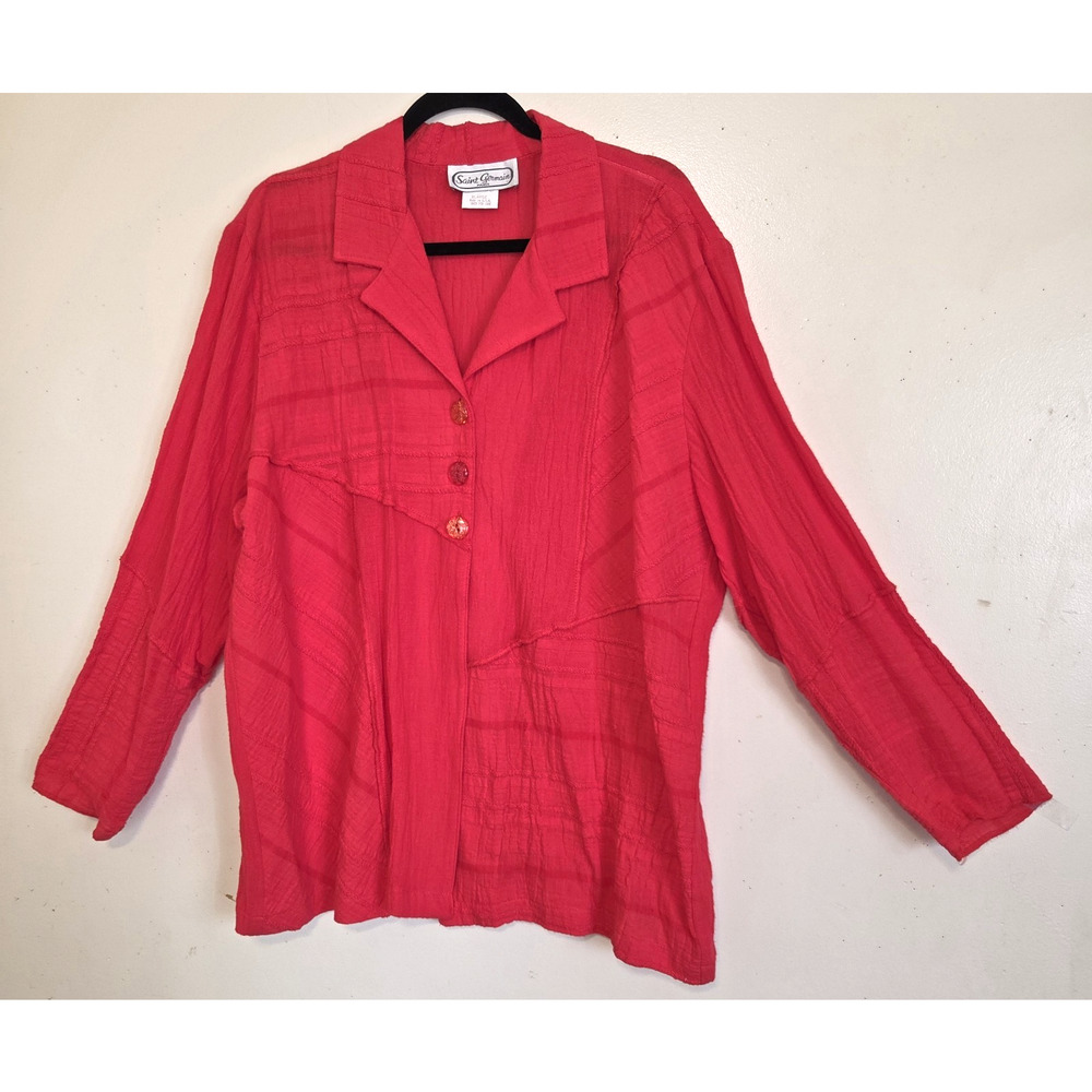 Saint Germain Paris Red Blouse Top XL Crinkled Gauze Lagenlook VTG 90s Button Up